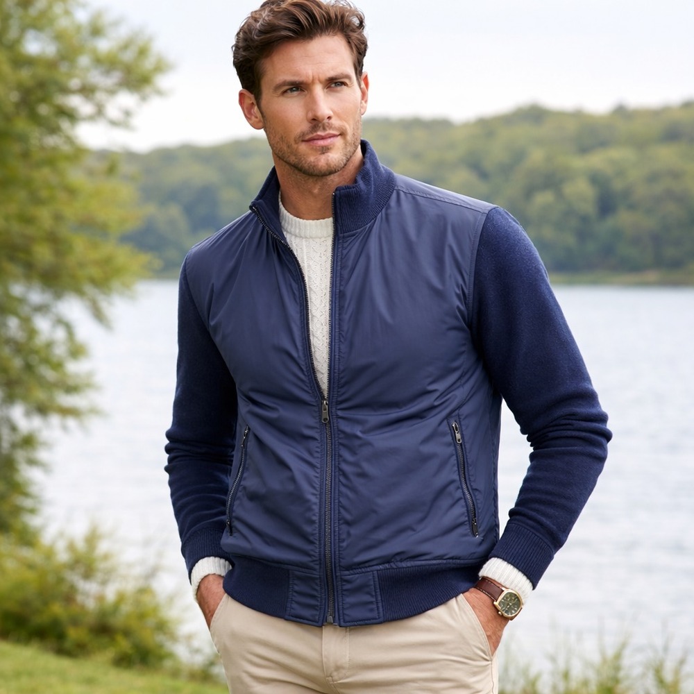 Polo Golf Ralph Lauren Bomber Jacket Mens L Blue Wool Knit Soft Shell Zip Preppy